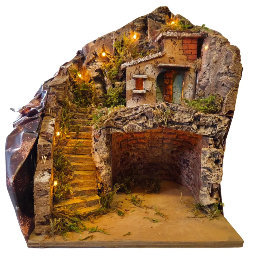 Wood and Cork Village with Staircase and Lighting for 8–10 cm Nativity Figures