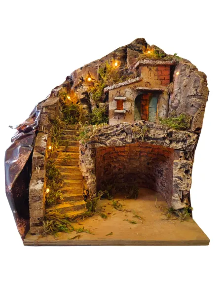 Borgo in legno e sughero con grotta e illuminazione per statue da 8-10 cm
