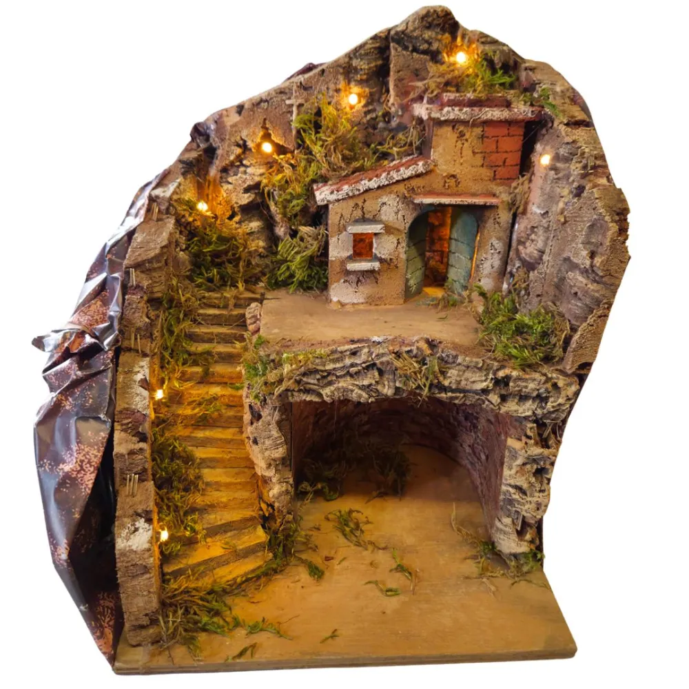 Wood and Cork Village with Staircase and Lighting for 8–10 cm Nativity Figures