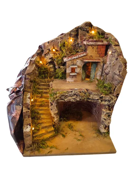 Borgo in legno e sughero con grotta e illuminazione per statue da 8-10 cm