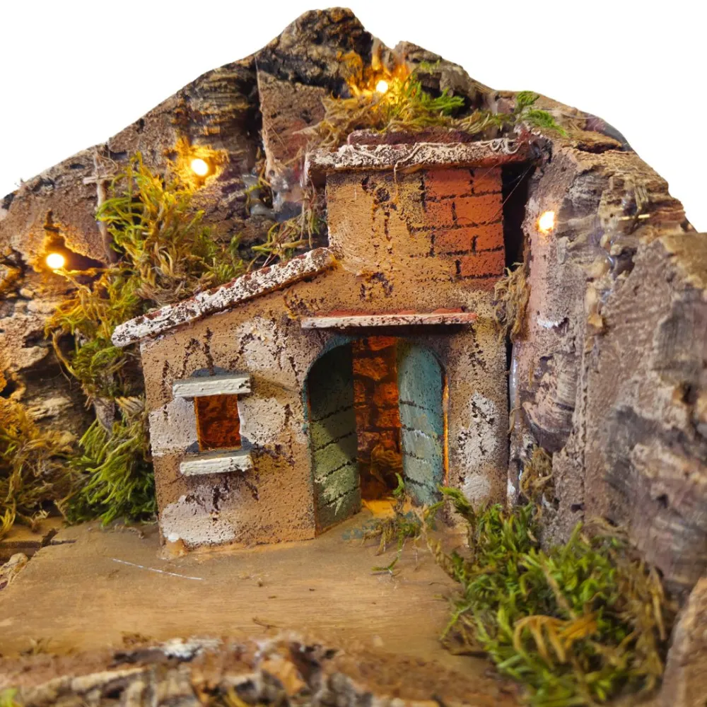 Borgo in legno e sughero con grotta e illuminazione per statue da 8-10 cm