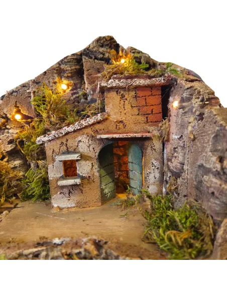 Borgo in legno e sughero con grotta e illuminazione per statue da 8-10 cm