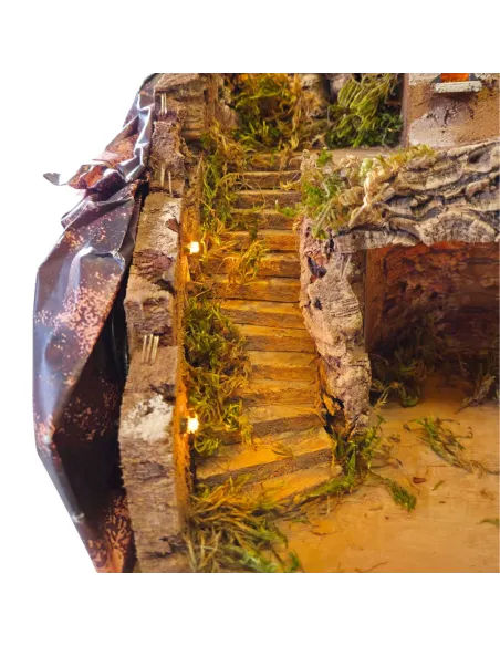 Borgo in legno e sughero con grotta e illuminazione per statue da 8-10 cm