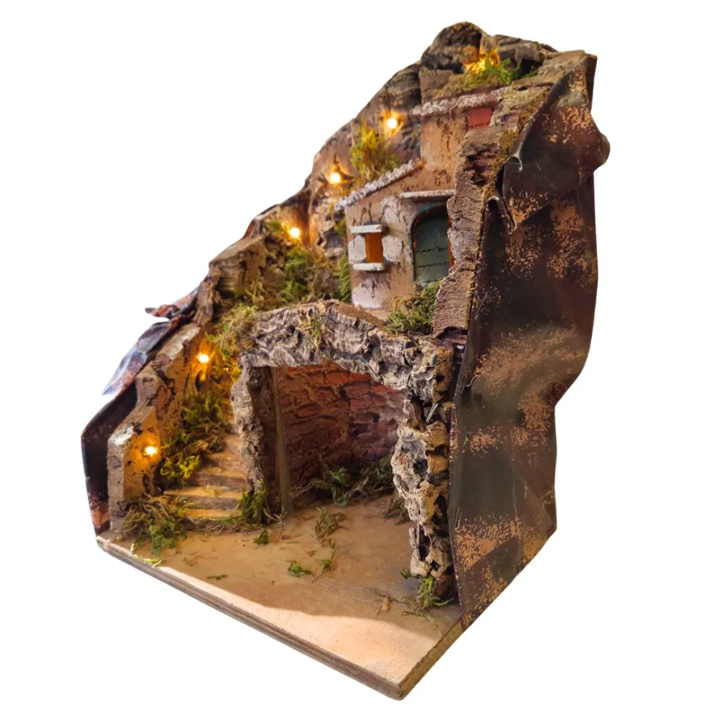 Wood and Cork Village with Staircase and Lighting for 8–10 cm Nativity Figures
