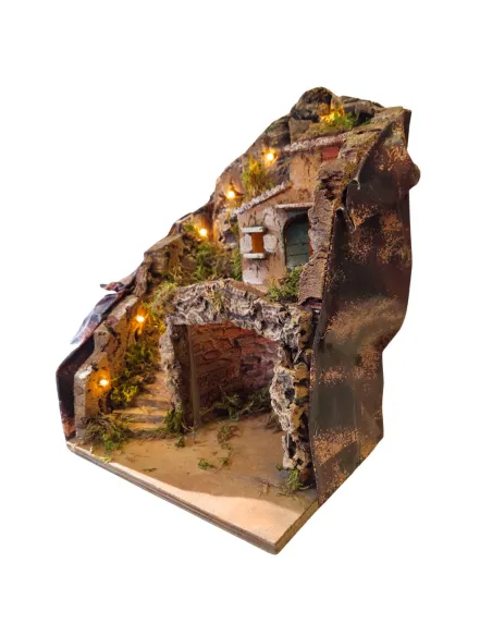 Borgo in legno e sughero con grotta e illuminazione per statue da 8-10 cm