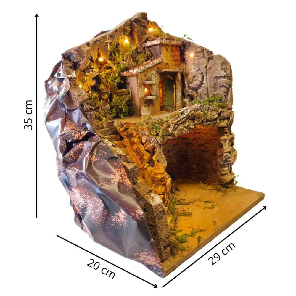 Borgo in legno e sughero con grotta e illuminazione per statue da 8-10 cm