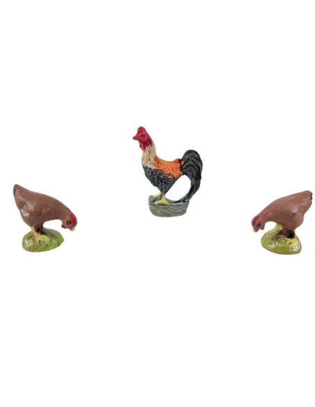 Set 2 galline e 1 gallo in resina per statue da 8-10 cm