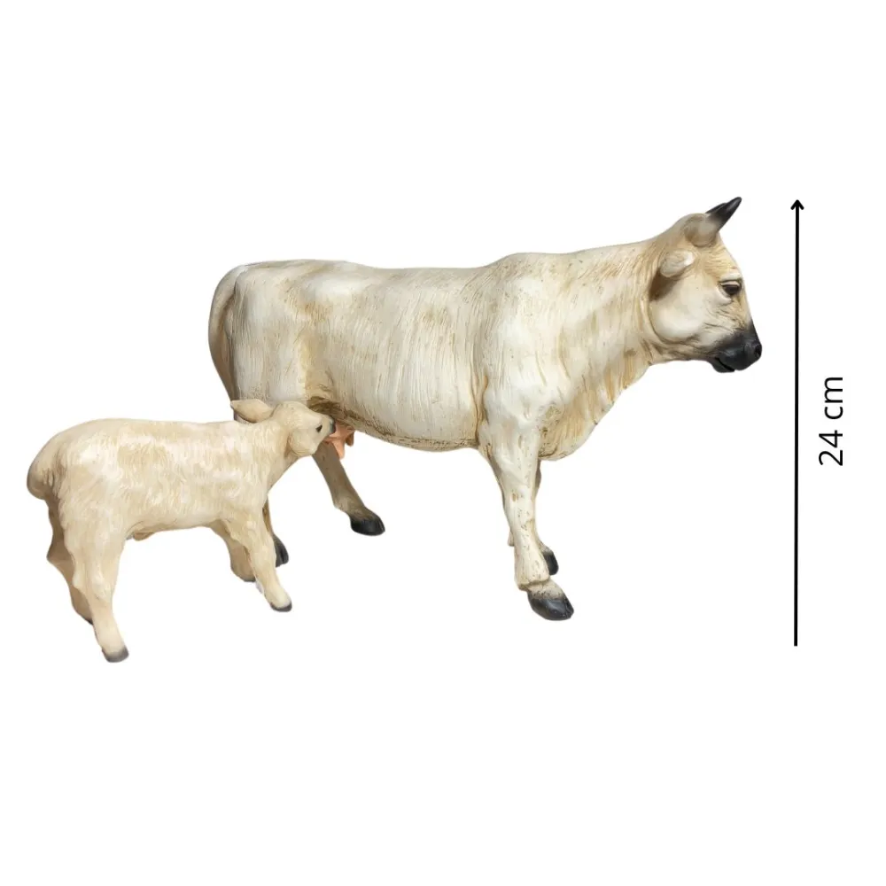 White Resin Cow and Calf Set for 25–30 cm Nativity Figures