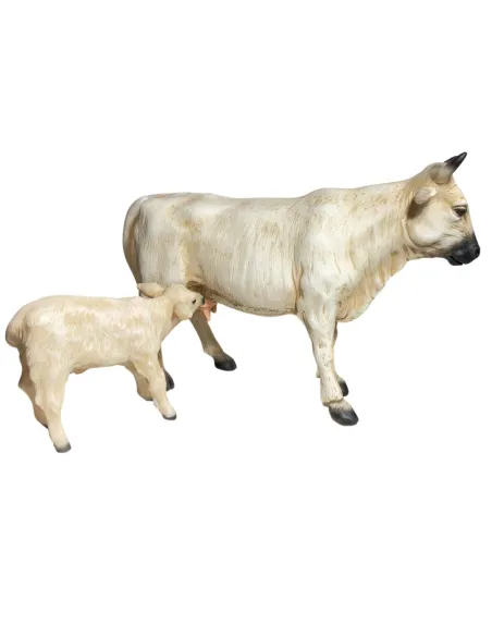 Mucca e vitello bianchi in resina per statue da 25-30 cm