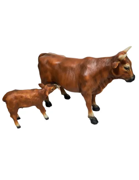 Mucca e vitello marrone in resina per statue da 25-30 cm