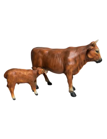 Mucca e vitello marrone in resina per statue da 25-30 cm