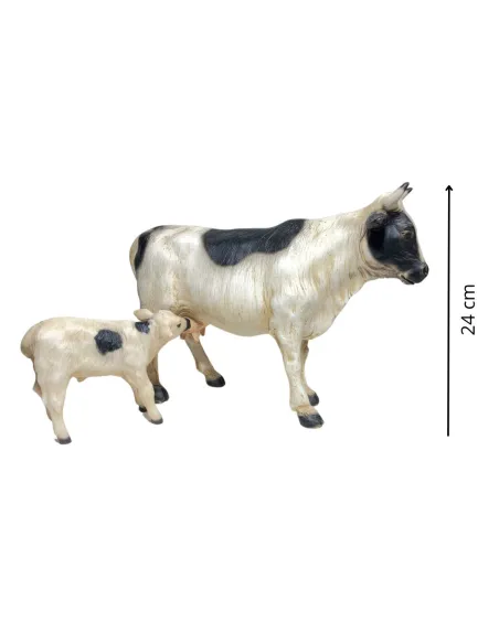 Mucca e vitello pezzati in resina per statue da  25-30 cm