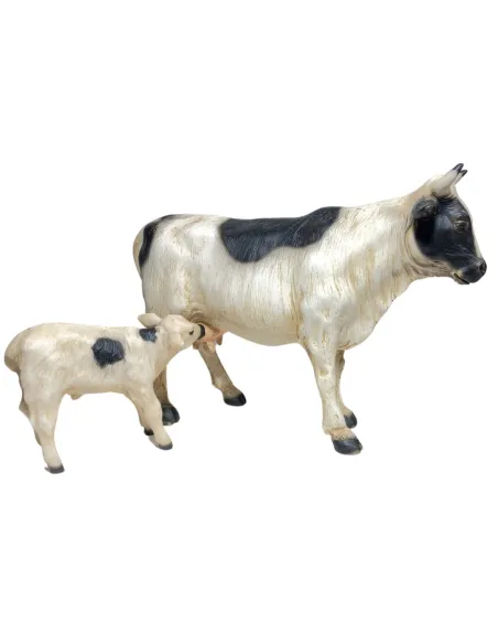 Mucca e vitello pezzati in resina per statue da  25-30 cm