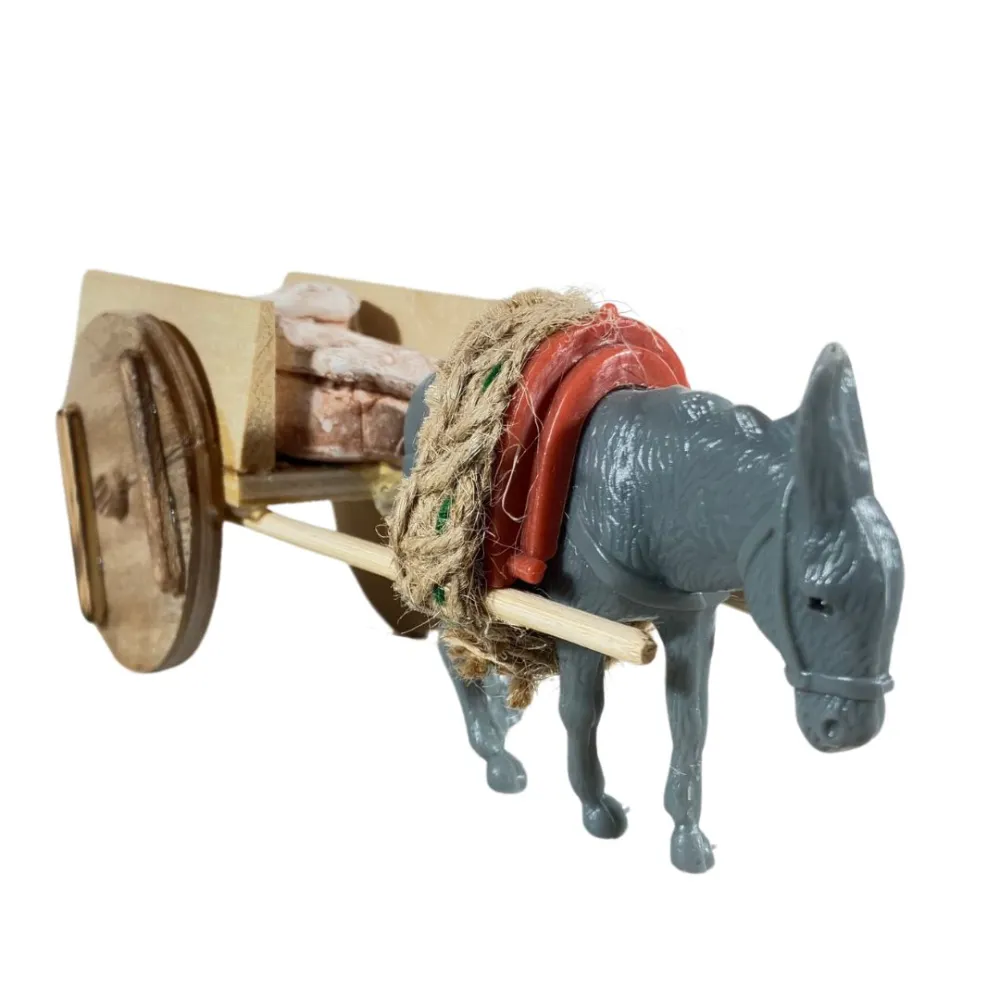 Asino in pvc con carretto e sacchi per statue da 10 cm