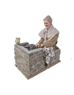 Animated Traditional Elderly Woman Grilling Fish - 30 cm