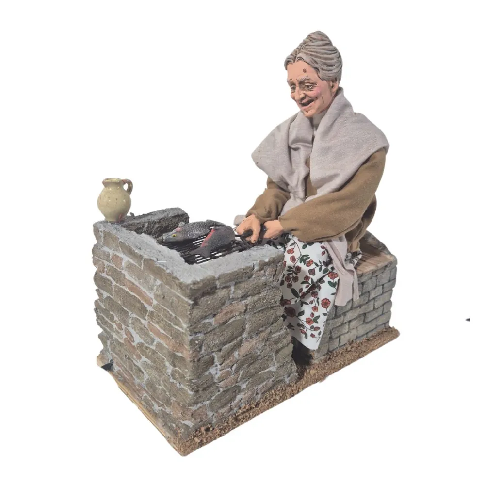 Animated Traditional Elderly Woman Grilling Fish - 30 cm