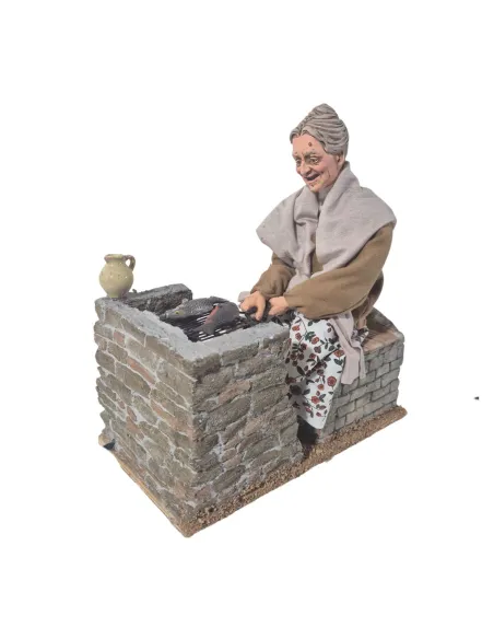 Animated Traditional Elderly Woman Grilling Fish - 30 cm