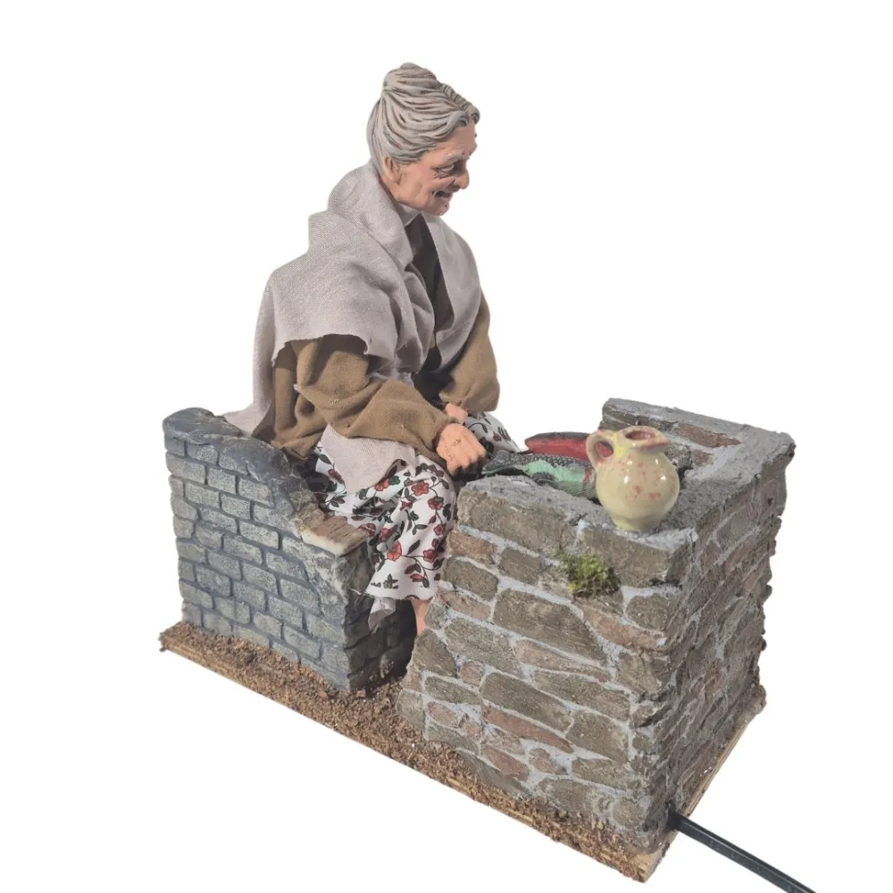 Animated Traditional Elderly Woman Grilling Fish - 30 cm