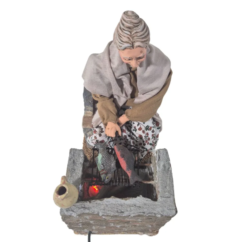 Animated Traditional Elderly Woman Grilling Fish - 30 cm