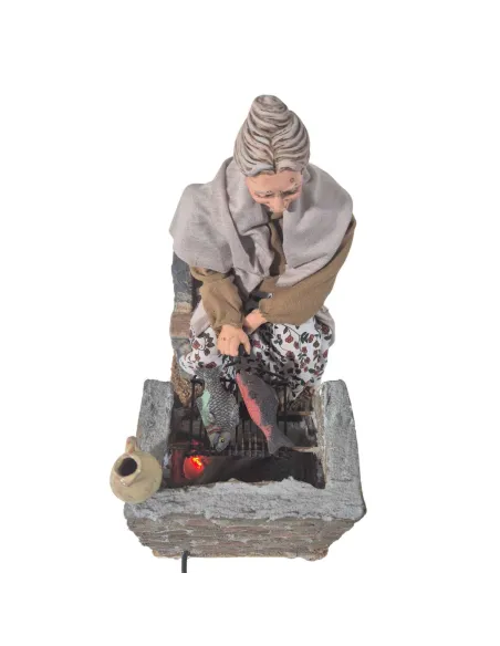 Animated Traditional Elderly Woman Grilling Fish - 30 cm
