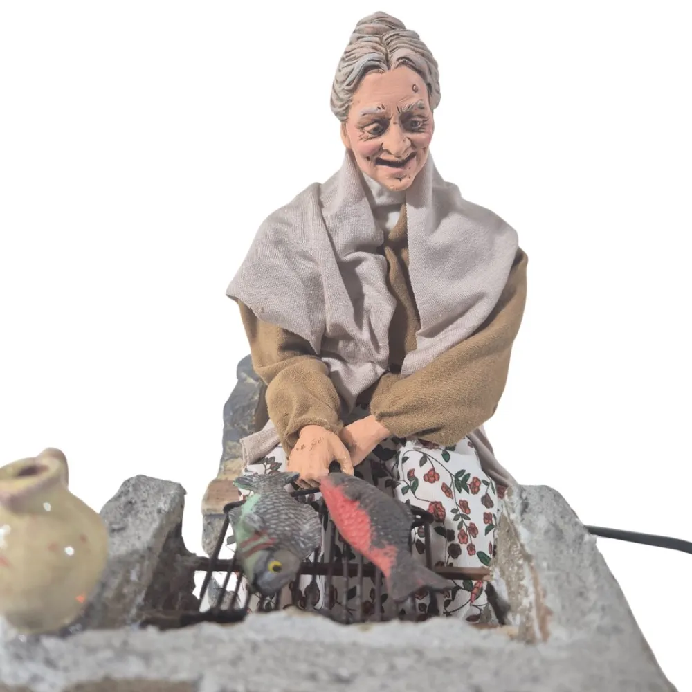 Animated Traditional Elderly Woman Grilling Fish - 30 cm