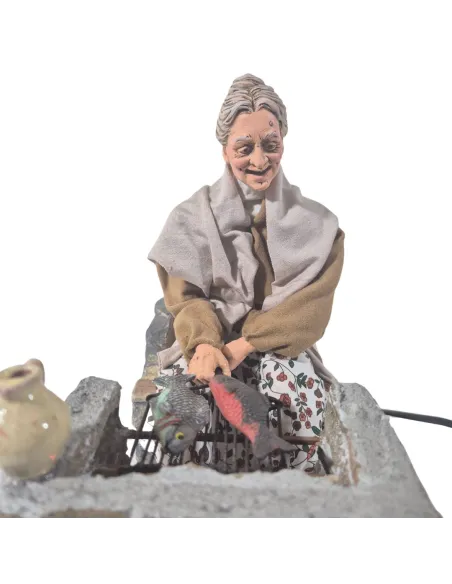 Animated Traditional Elderly Woman Grilling Fish - 30 cm
