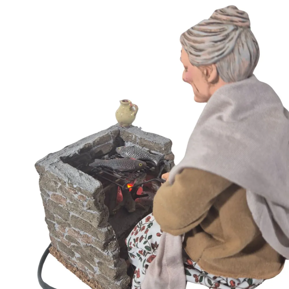 Animated Traditional Elderly Woman Grilling Fish - 30 cm
