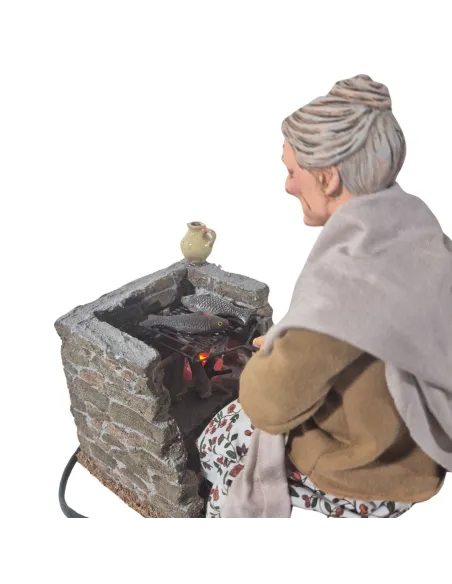 Animated Traditional Elderly Woman Grilling Fish - 30 cm