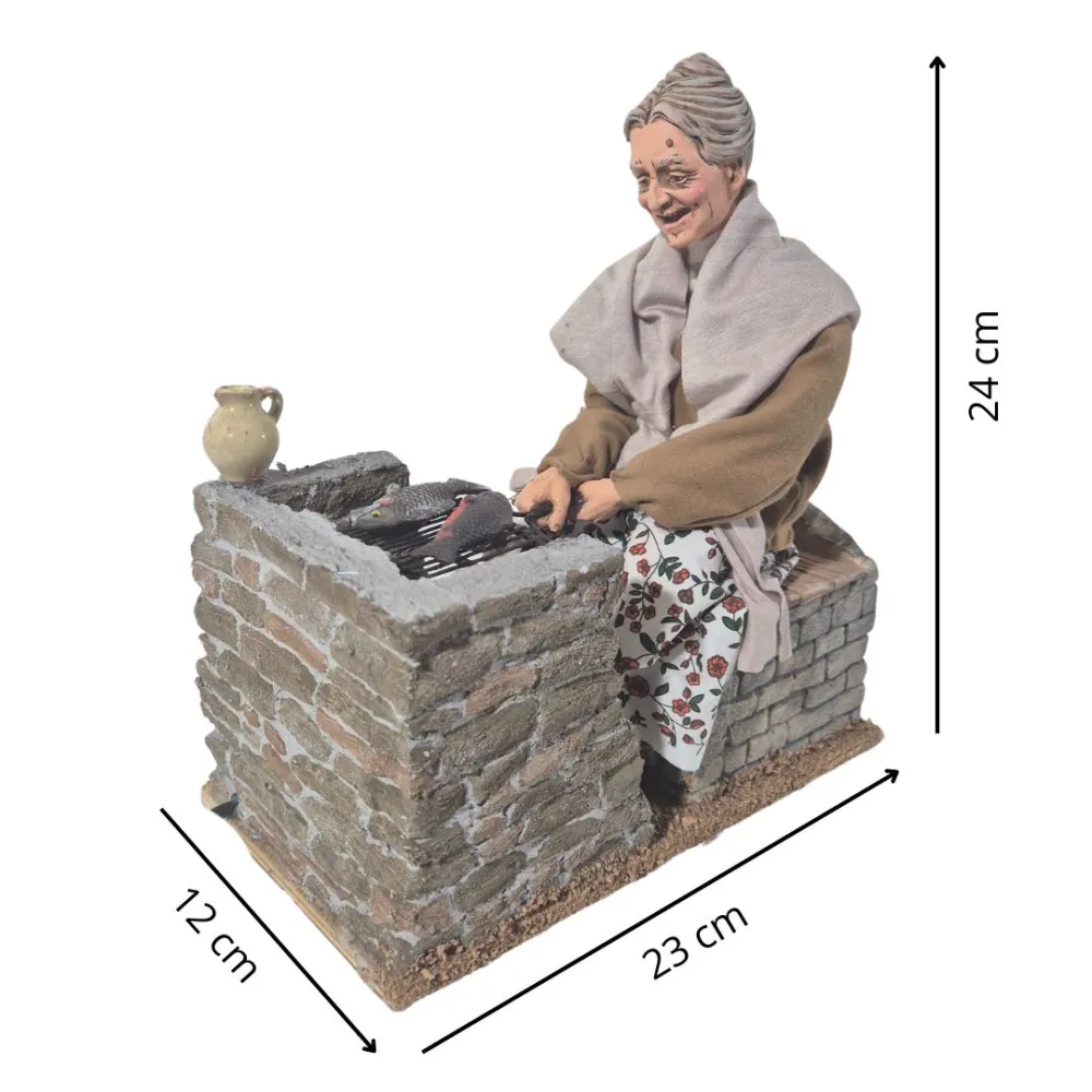 Animated Traditional Elderly Woman Grilling Fish - 30 cm