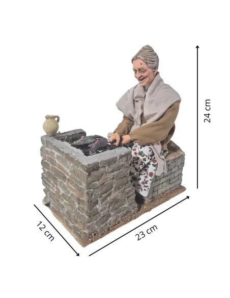 Animated Traditional Elderly Woman Grilling Fish - 30 cm