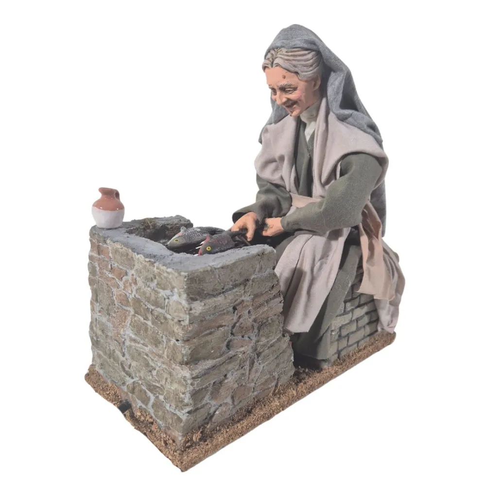 Animated Palestinian Elderly Woman Grilling Fish - 30 cm