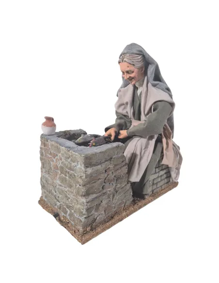 Animated Palestinian Elderly Woman Grilling Fish - 30 cm