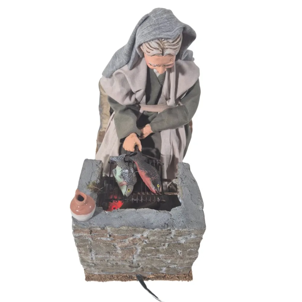 Animated Palestinian Elderly Woman Grilling Fish - 30 cm