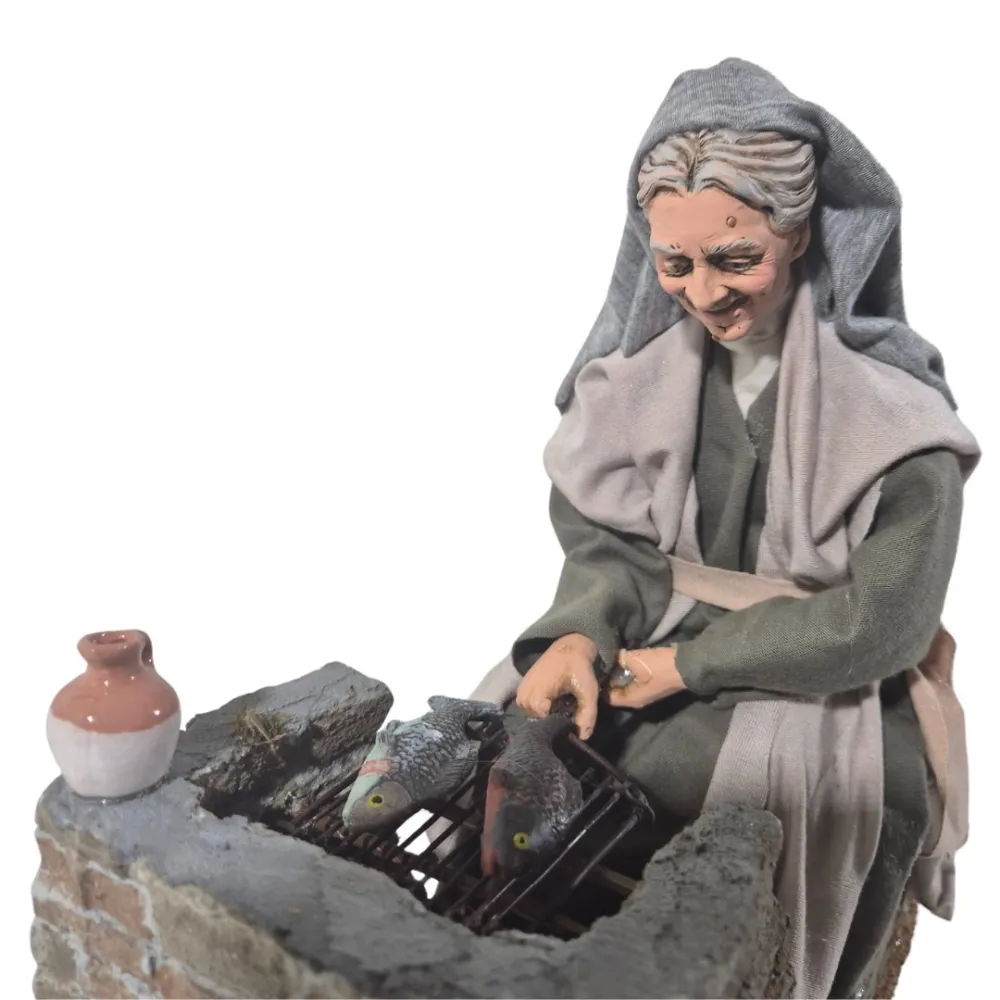 Animated Palestinian Elderly Woman Grilling Fish - 30 cm
