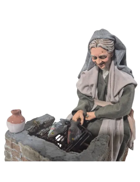 Animated Palestinian Elderly Woman Grilling Fish - 30 cm