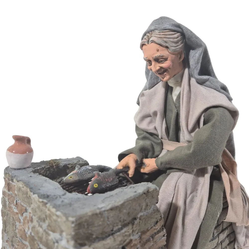 Animated Palestinian Elderly Woman Grilling Fish - 30 cm