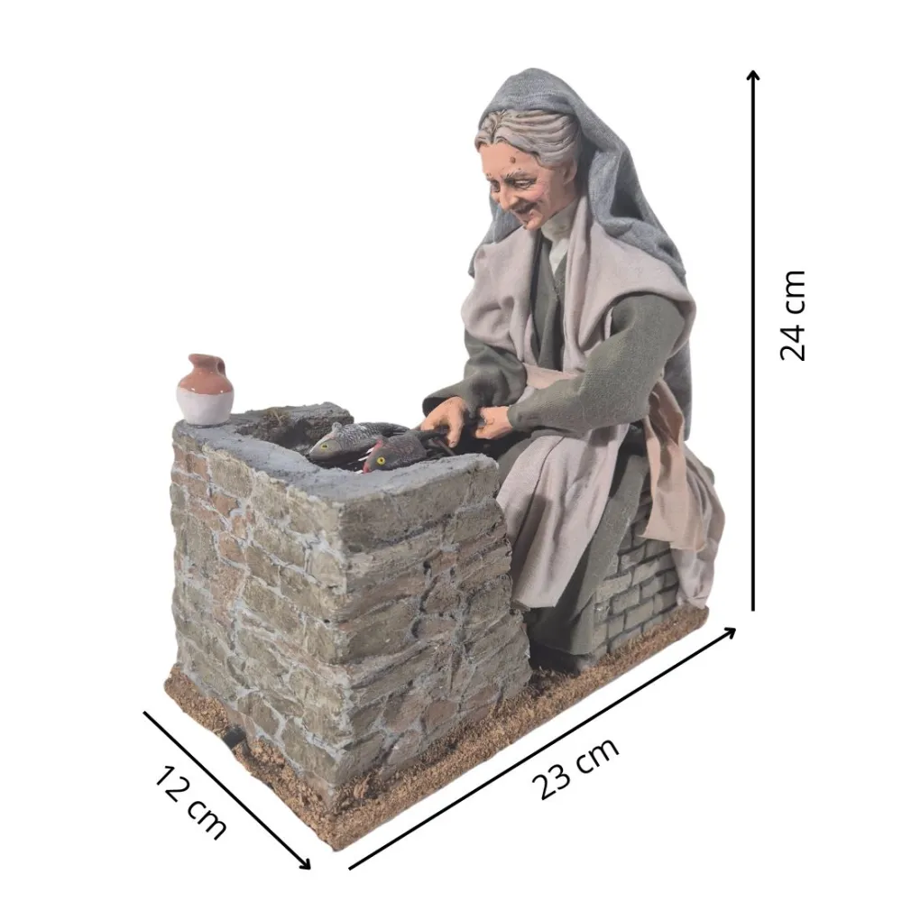 Animated Palestinian Elderly Woman Grilling Fish - 30 cm