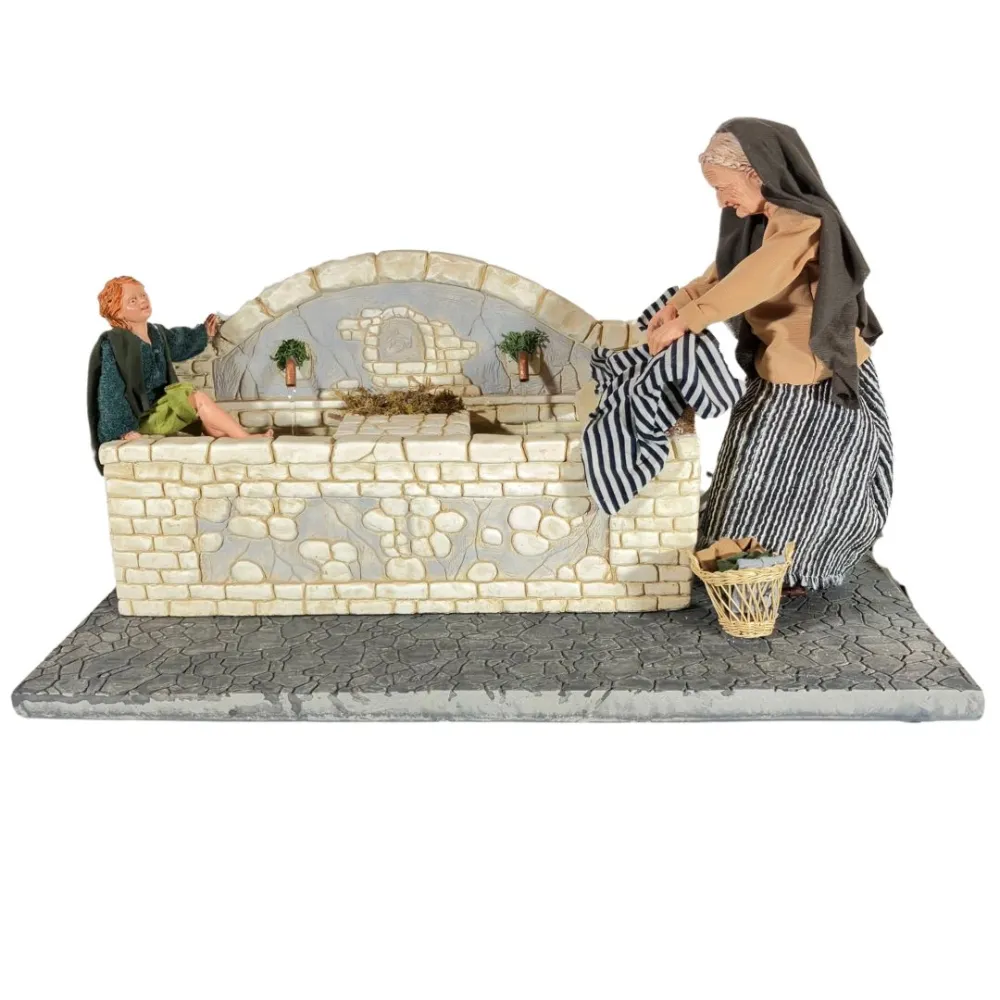 Animated Traditional Fountain with Washerwoman and Child - 30 cm