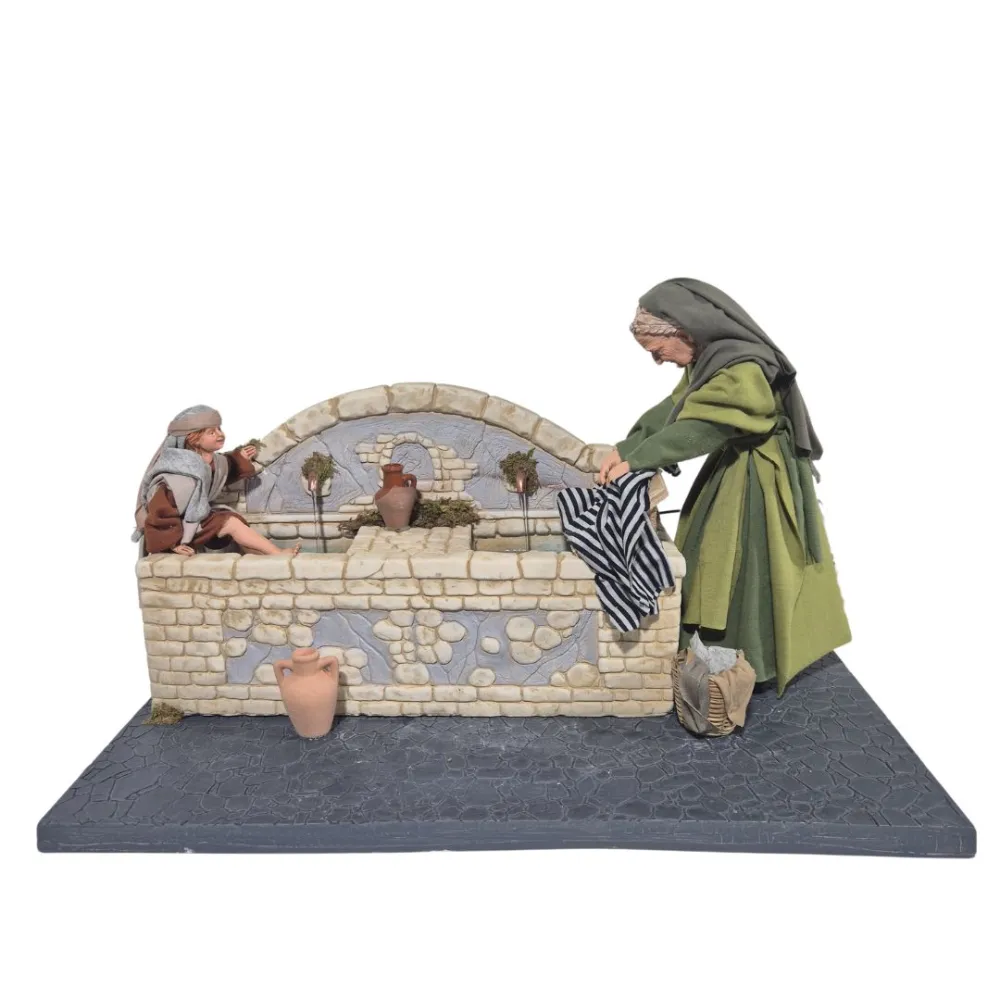 Animated Palestinian Fountain with Washerwoman and Child - 30 cm