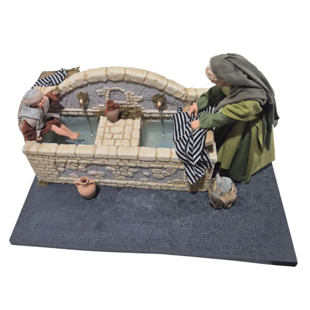 Animated Palestinian Fountain with Washerwoman and Child - 30 cm