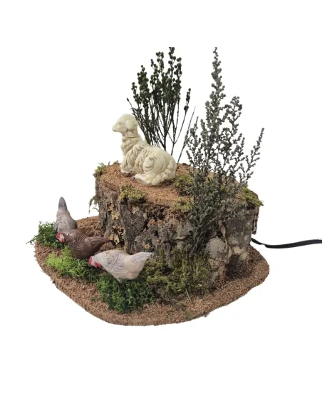 3 galline che beccano e pecora in movimento per statue da 25-30 cm