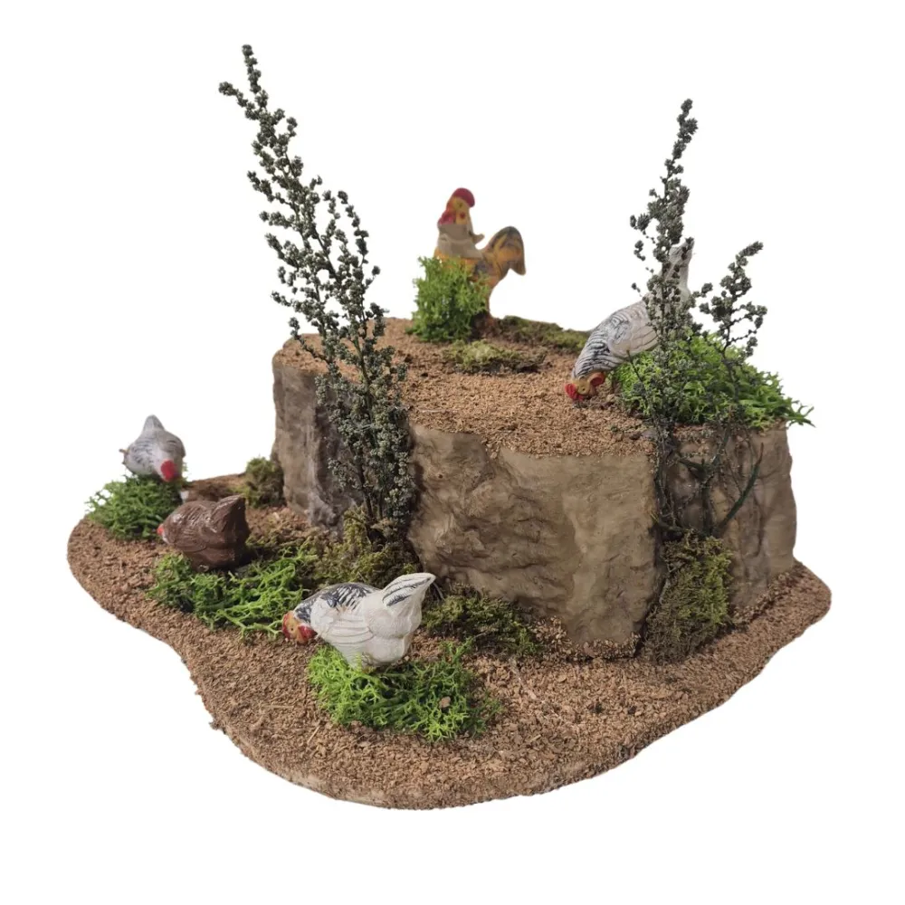 Animated Rooster with Four Pecking Hens for 25–30 cm Nativity Figures