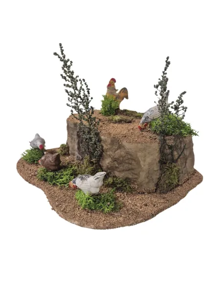 4 galline che beccano e gallo in movimento per statue da 25-30 cm