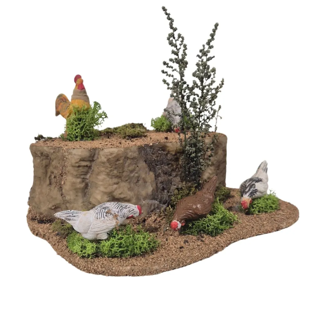 Animated Rooster with Four Pecking Hens for 25–30 cm Nativity Figures