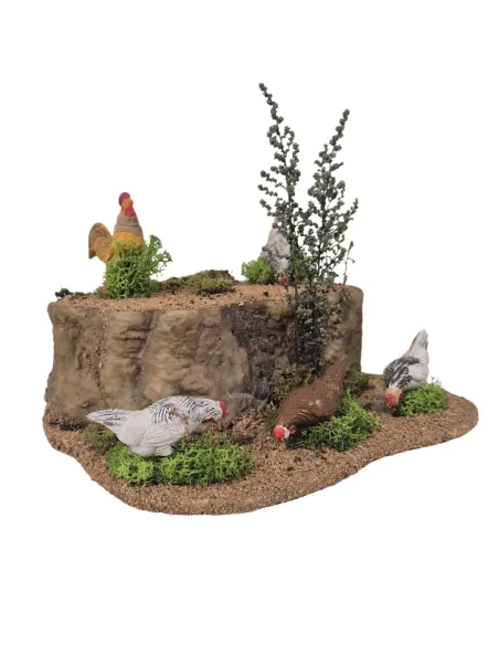 4 galline che beccano e gallo in movimento per statue da 25-30 cm