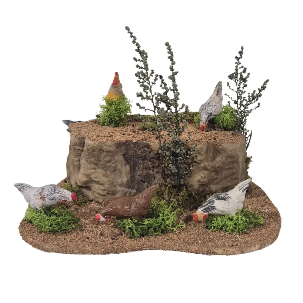 Animated Rooster with Four Pecking Hens for 25–30 cm Nativity Figures