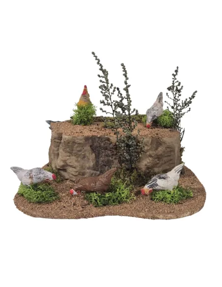 4 galline che beccano e gallo in movimento per statue da 25-30 cm