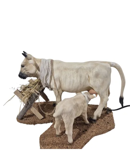 Mucca bianca con vitello in movimento per statue da 30 cm