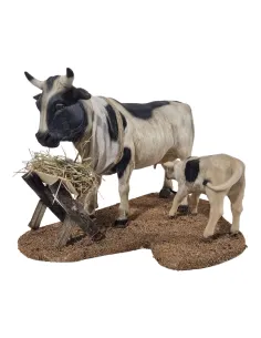 Mucca pezzata con vitello in movimento per statue da 30 cm