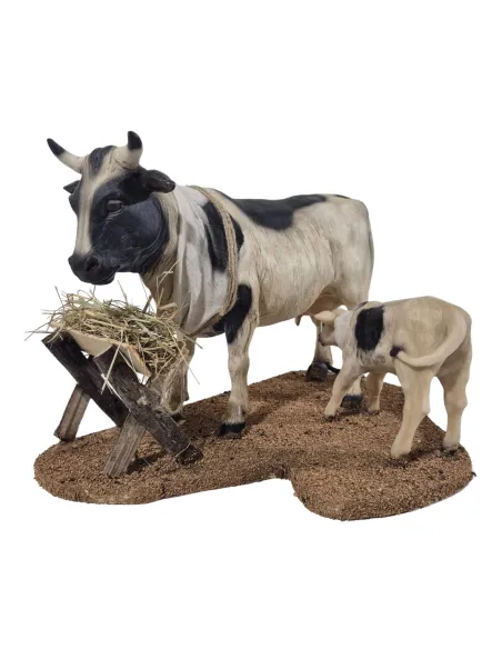 Mucca pezzata con vitello in movimento per statue da 30 cm